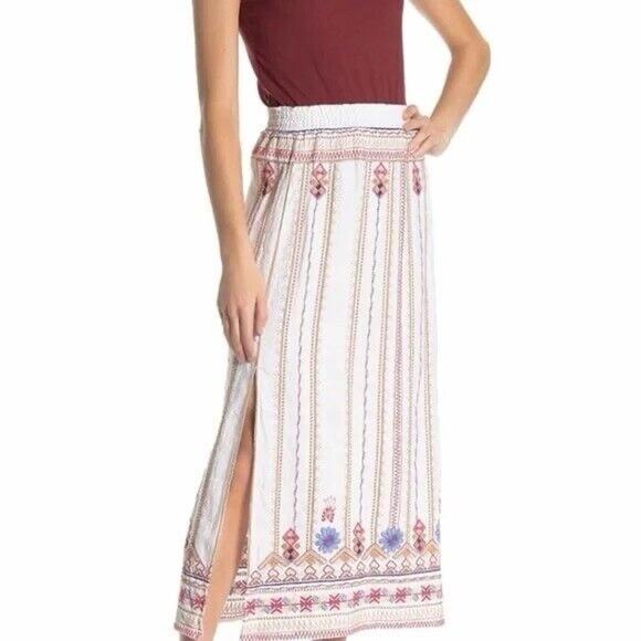 Johnny Was Los Angeles Frederique Embroidered Side Slit Linen White Maxi Skirt - Picture 1 of 7